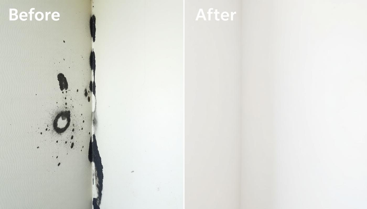 Before and after photo of black mold removal in a Pasadena TX home performed by a licensed contractor